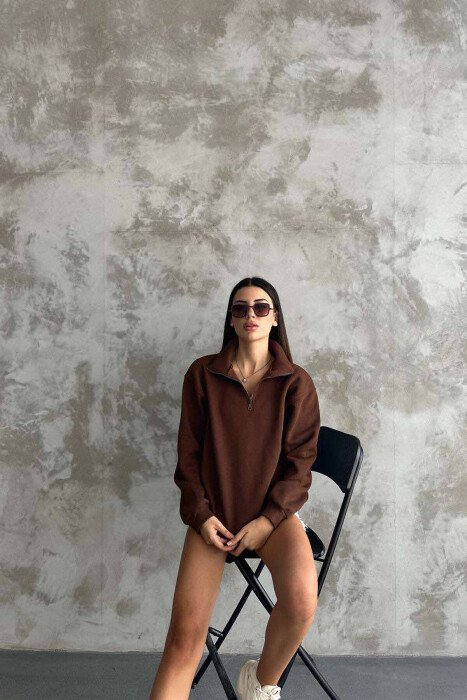 FLUFFY ZIPPER NECK WOMEN SWEATSHIRT BROWN/KAFE - KLAUDIO FASHION