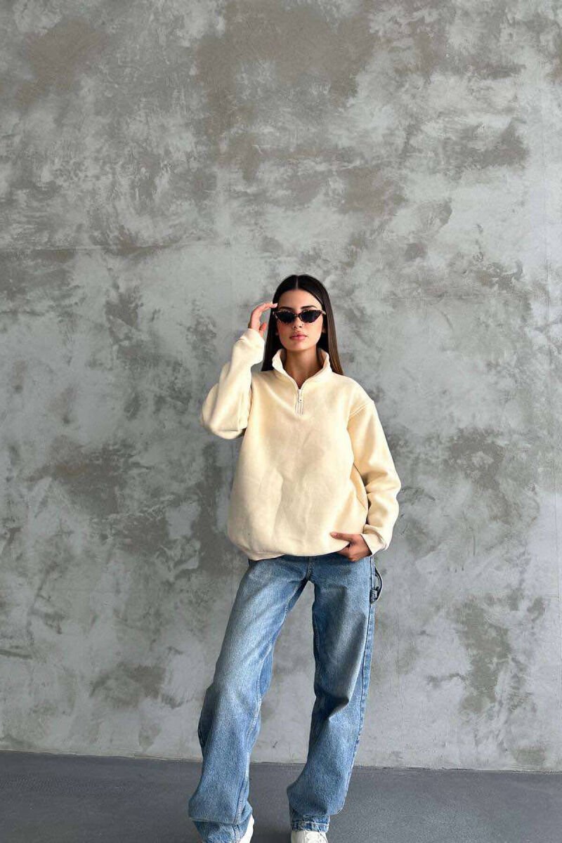 FLUFFY ZIPPER NECK WOMEN SWEATSHIRT CREAM/KREM - 2