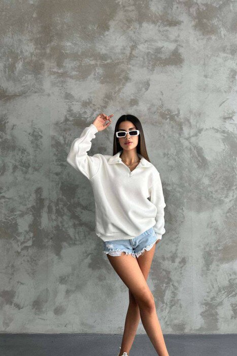 FLUFFY ZIPPER NECK WOMEN SWEATSHIRT WHITE-E BARDHE - KLAUDIO FASHION