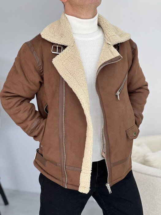 FLUFFY ZIPPER ONE COLOR MEN JACKET BROWN/KAFE - KLAUDIO FASHION