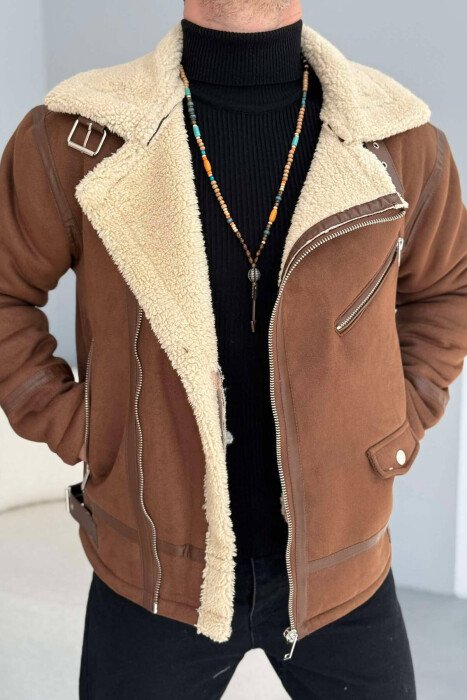 FLUFFY ZIPPER ONE COLOR MEN JACKET DARK BROWN/KAE - KLAUDIO FASHION