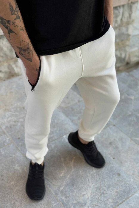 FLUFFY ZIPPER POCKETS MEN JOGGERS WHITE-E BARDHE - 3