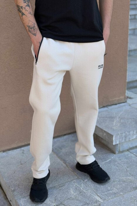 FLUFFY ZIPPER POCKETS SMALL LOGO MEN JOGGERS BEIGE/BEZHE - KLAUDIO FASHION