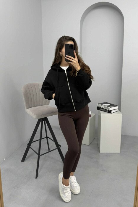 FLUFFY ZIPPER HOODIE ONE COLOR WOMAN BLACK/ E ZEZE - KLAUDIO FASHION