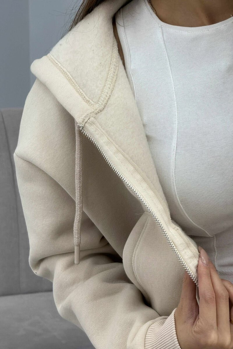 FLUFFY ZIPPER HOODIE ONE COLOR WOMAN CREAM/KREM - 4