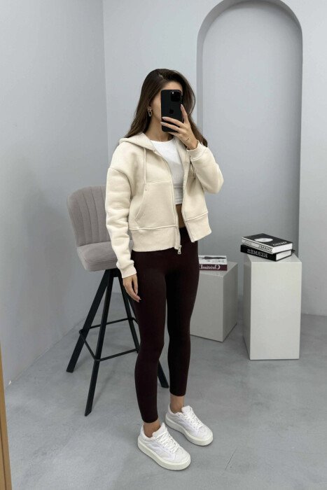 FLUFFY ZIPPER HOODIE ONE COLOR WOMAN CREAM/KREM - 5