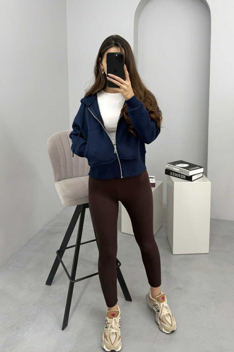 FLUFFY ZIPPER HOODIE ONE COLOR WOMAN DARK BLUE/BEE - 1