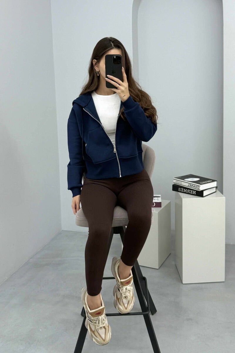 FLUFFY ZIPPER HOODIE ONE COLOR WOMAN DARK BLUE/BEE - 2