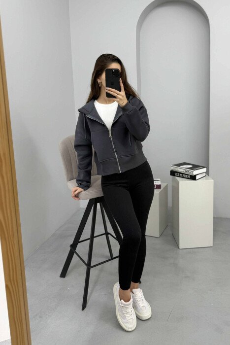 FLUFFY ZIPPER HOODIE ONE COLOR WOMAN DARK GREY/GEE 