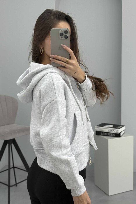 FLUFFY ZIPPER HOODIE ONE COLOR WOMAN LIGHT GREY/GZ - 5