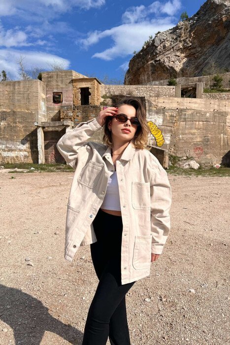 FOUR FRONT POCKETS ONE COLOR DENIM WOMEN JACKET CREAM/KREM 