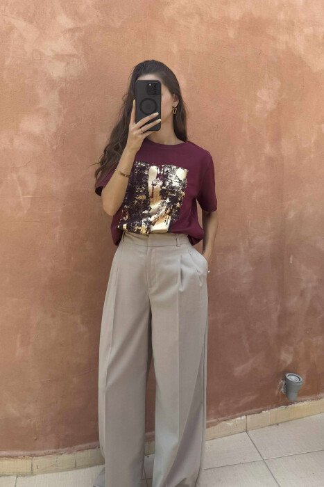FRONT ABSTRACT IMAGE WOMEN T-SHIRT BURGUNDY/VISHNJE - KLAUDIO FASHION