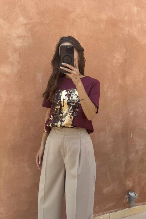 FRONT ABSTRACT IMAGE WOMEN T-SHIRT BURGUNDY/VISHNJE - 2