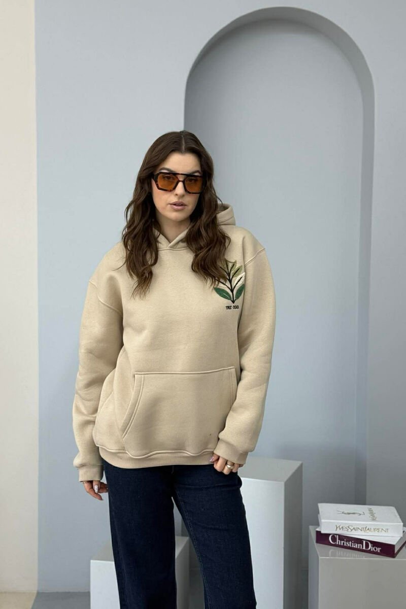 FRONT & BACK DESIGN FLUFFY WOMEN HOODIE BEIGE/BEZHE - 1