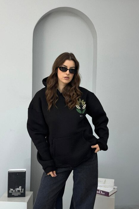 FRONT & BACK DESIGN FLUFFY WOMEN HOODIE BLACK/ E ZEZE - 1