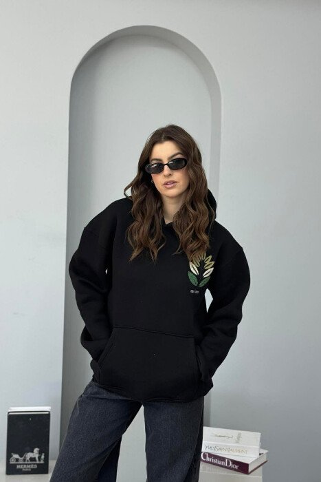 FRONT & BACK DESIGN FLUFFY WOMEN HOODIE BLACK/ E ZEZE - 2