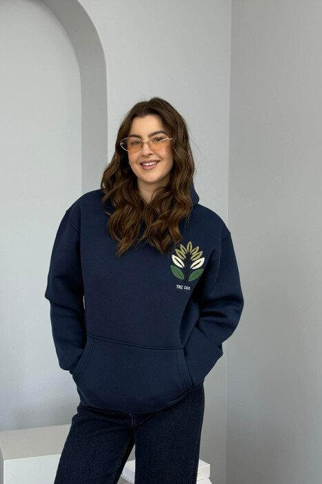 FRONT & BACK DESIGN FLUFFY WOMEN HOODIE DARK BLUE/BEE 