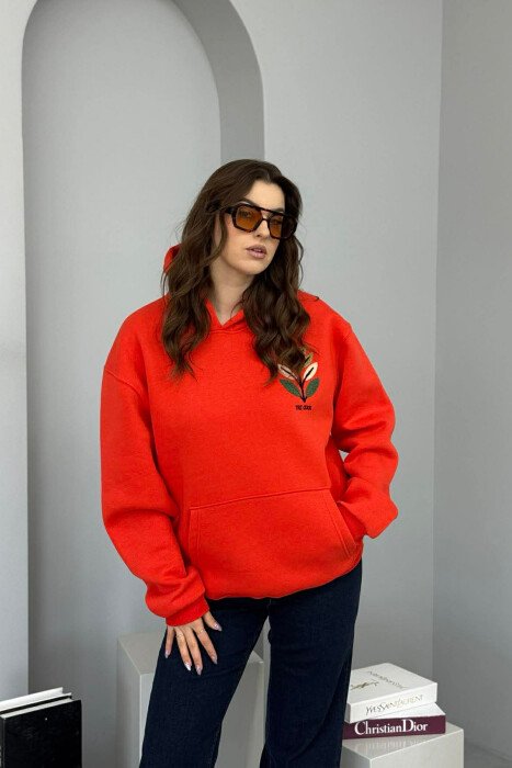 FRONT & BACK DESIGN FLUFFY WOMEN HOODIE ORANGE/PORTOKALLI - 1