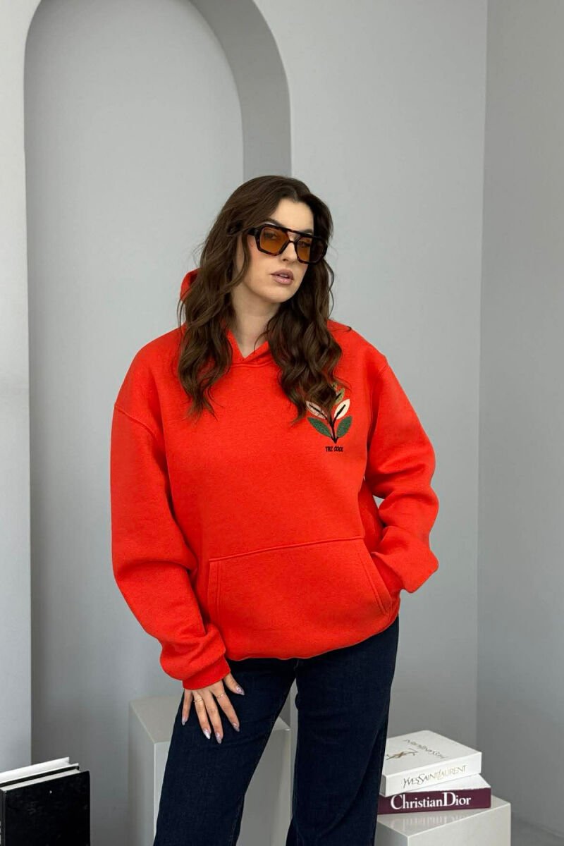 FRONT & BACK DESIGN FLUFFY WOMEN HOODIE ORANGE/PORTOKALLI - 1