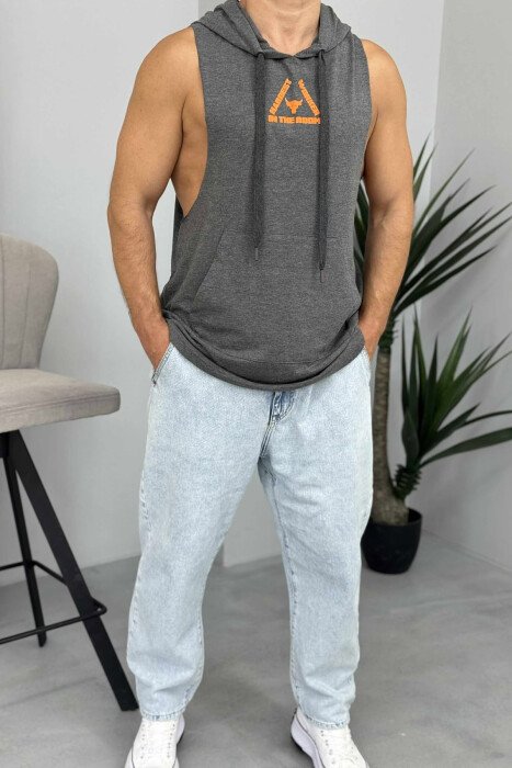 FRONT & BACK DESIGN HOODED MEN TANK TOP DARK GREY/GEE - 1