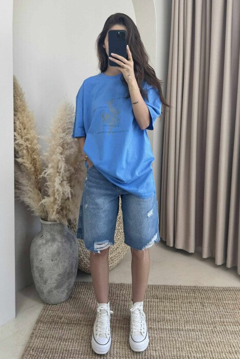 FRONT & BACK DESIGNED WRITTINGS WOMEN T-SHIRTS BLUE/BLU - 