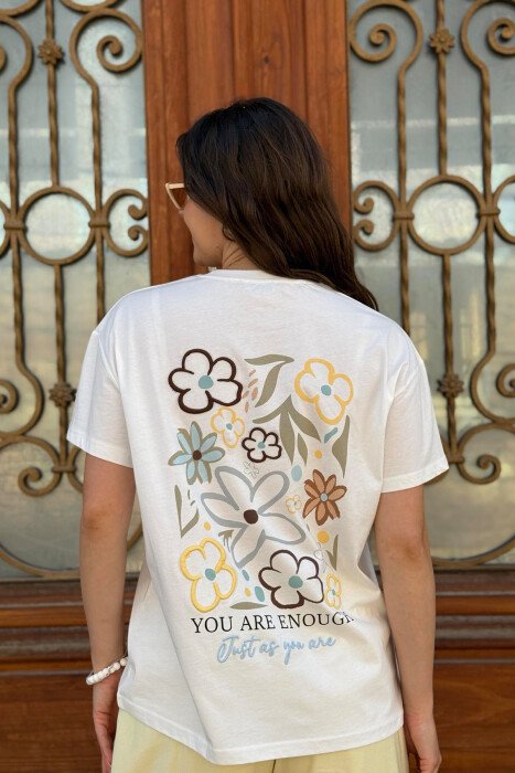FRONT & BACK FLOWER PRINTS WOMEN T-SHIRT WHITE-E BARDHE - 9