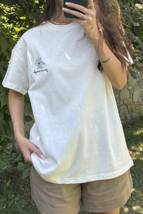 FRONT & BACK FLOWER PRINTS WOMEN T-SHIRT WHITE-E BARDHE - 4