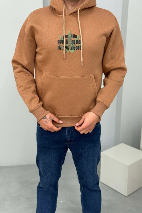 FRONT & BACK IMAGE FLUFFY MEN HOODIE BROWN/KAFE - 