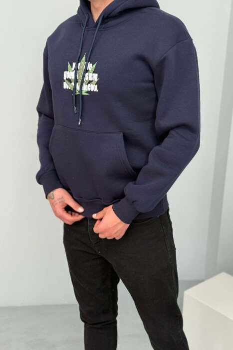 FRONT & BACK IMAGE FLUFFY MEN HOODIE DARK BLUE/BEE - 