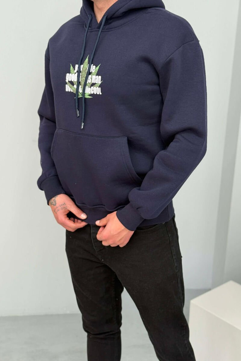 FRONT & BACK IMAGE FLUFFY MEN HOODIE DARK BLUE/BEE - 1
