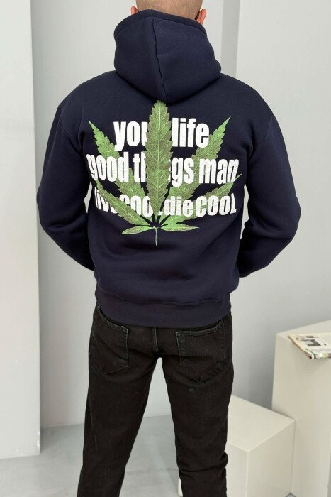 FRONT & BACK IMAGE FLUFFY MEN HOODIE DARK BLUE/BEE - 4