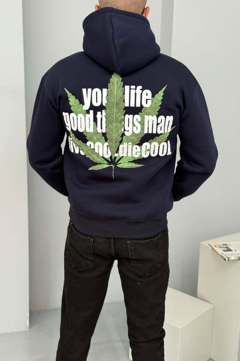 FRONT & BACK IMAGE FLUFFY MEN HOODIE DARK BLUE/BEE - 4
