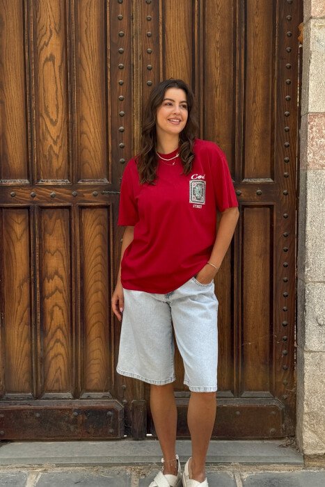 FRONT & BACK IMAGE SIMPLE WOMEN T-SHIRT + 6 PAIR SOCKS BURGUNDY/VISHNJE - KLAUDIO FASHION