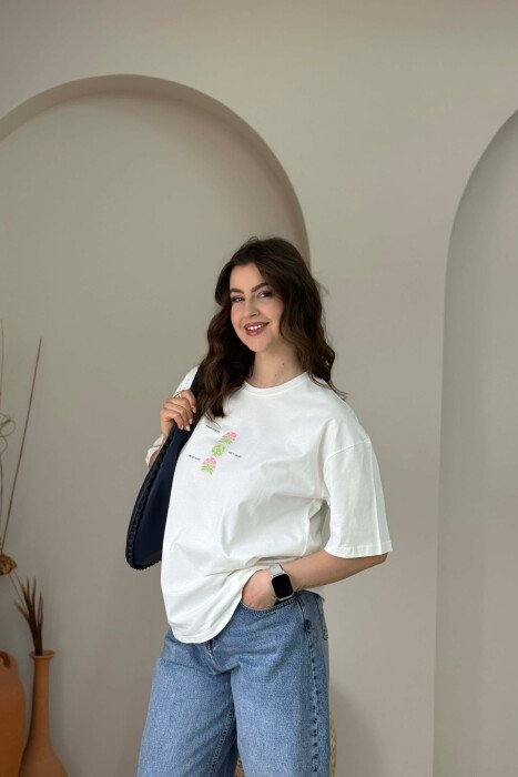 FRONT & BACK IMAGE WOMAN T-SHIRT + 6 PAIR SOCKS CREAM/KREM 