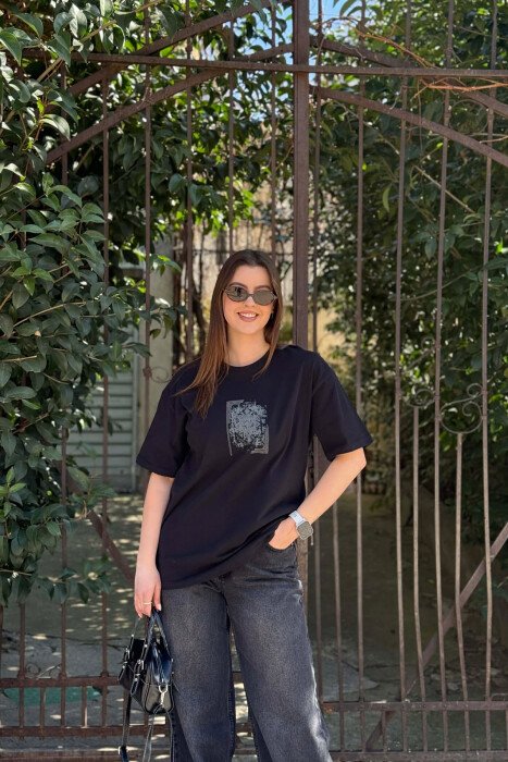 FRONT & BACK IMAGE WOMEN T-SHIRT + 6 PAIR SOCKS BLACK/ E ZEZE 