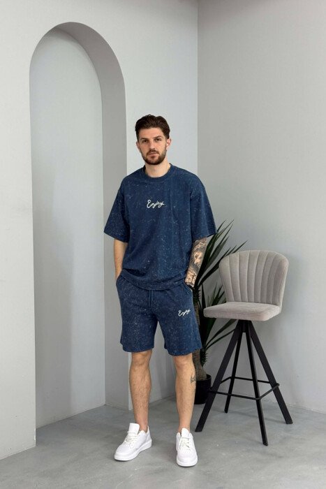 FRONT & BACK SIMPLE WRITTINGS T-SHIRT + SHORTS MEN SET BLUE/BLU - 1