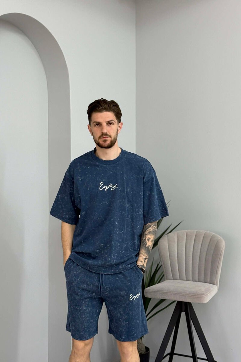 FRONT & BACK SIMPLE WRITTINGS T-SHIRT + SHORTS MEN SET BLUE/BLU - 2