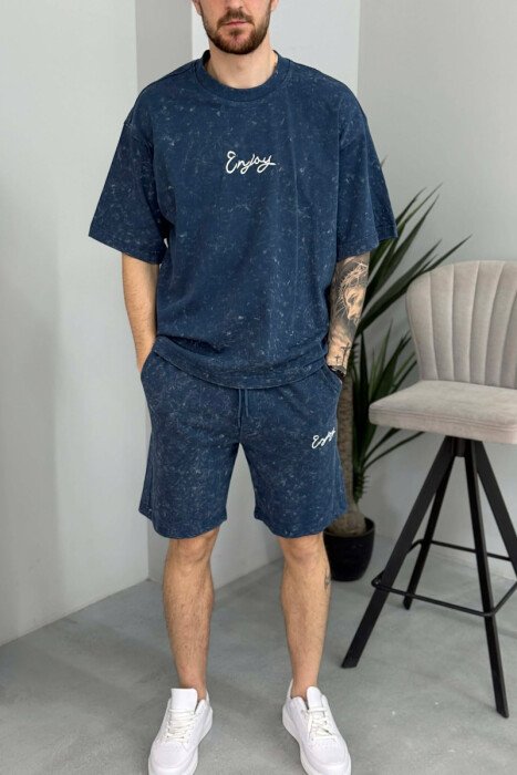 FRONT & BACK SIMPLE WRITTINGS T-SHIRT + SHORTS MEN SET BLUE/BLU - 3