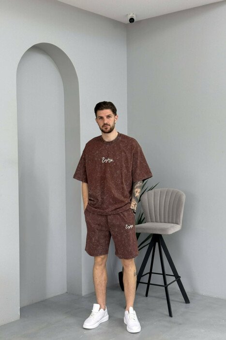 FRONT & BACK SIMPLE WRITTINGS T-SHIRT + SHORTS MEN SET BROWN/KAFE - 1