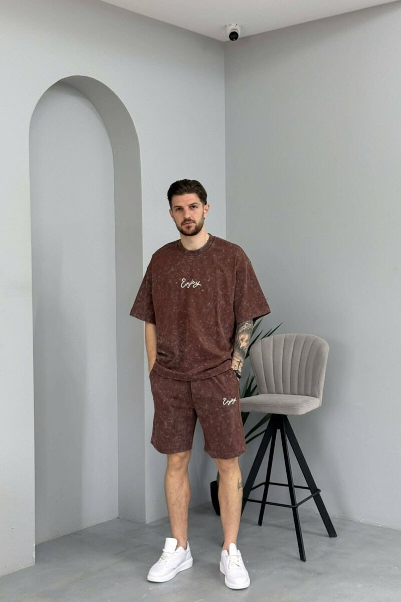 FRONT & BACK SIMPLE WRITTINGS T-SHIRT + SHORTS MEN SET BROWN/KAFE - 1
