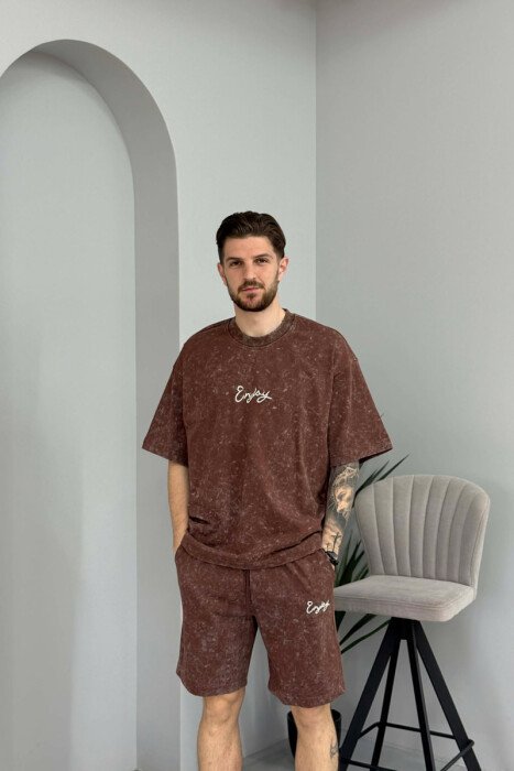 FRONT & BACK SIMPLE WRITTINGS T-SHIRT + SHORTS MEN SET BROWN/KAFE - 2
