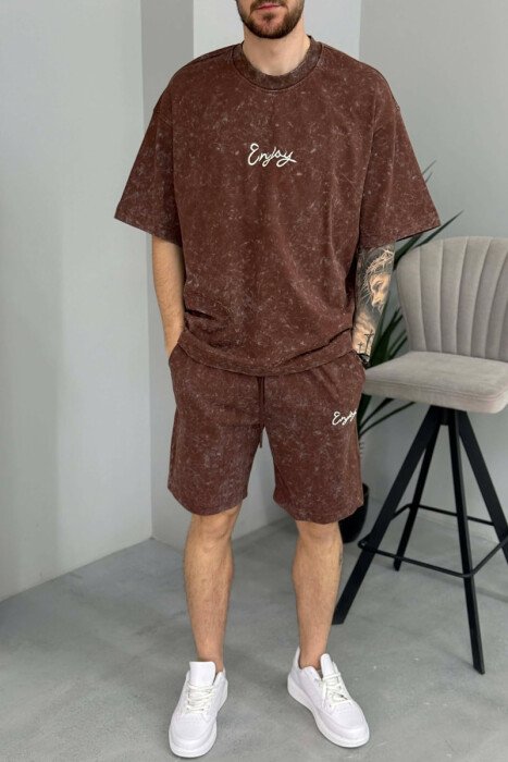 FRONT & BACK SIMPLE WRITTINGS T-SHIRT + SHORTS MEN SET BROWN/KAFE - 3