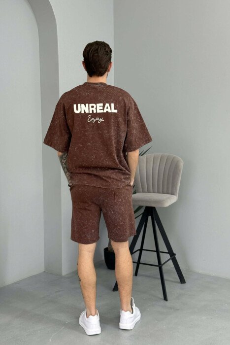 FRONT & BACK SIMPLE WRITTINGS T-SHIRT + SHORTS MEN SET BROWN/KAFE - 4