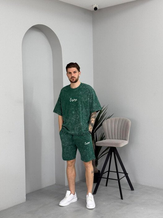 FRONT & BACK SIMPLE WRITTINGS T-SHIRT + SHORTS MEN SET GREEN/JESHILE - 1