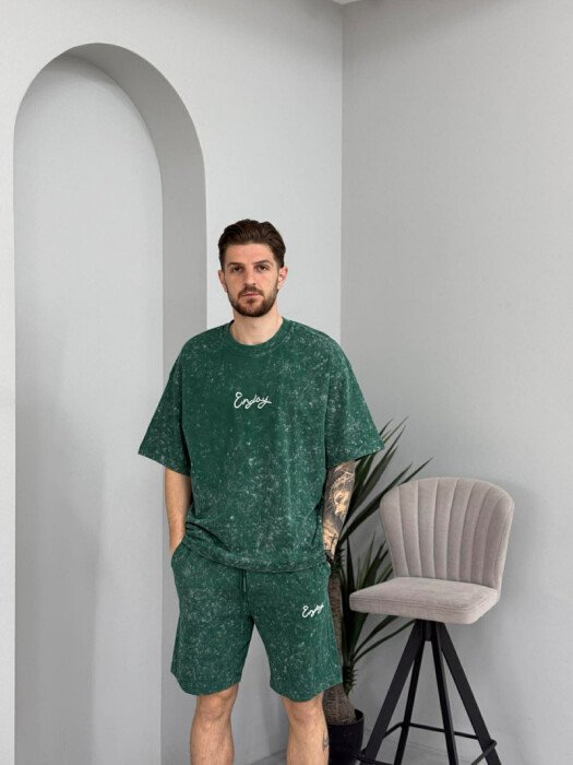 FRONT & BACK SIMPLE WRITTINGS T-SHIRT + SHORTS MEN SET GREEN/JESHILE - 2