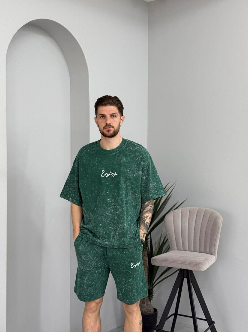 FRONT & BACK SIMPLE WRITTINGS T-SHIRT + SHORTS MEN SET GREEN/JESHILE - 2