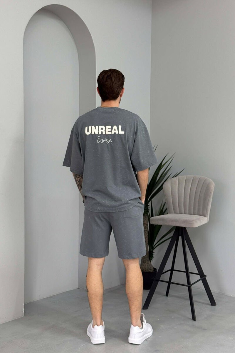 FRONT & BACK SIMPLE WRITTINGS T-SHIRT + SHORTS MEN SET GREY/GRI - 4