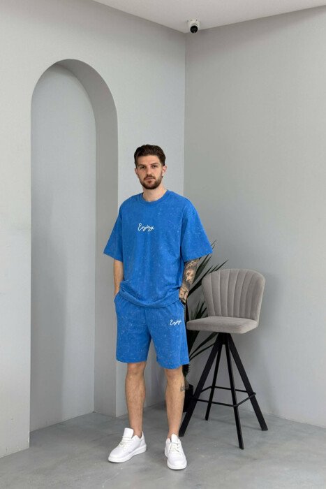 FRONT & BACK SIMPLE WRITTINGS T-SHIRT + SHORTS MEN SET LIGHTBLUE/BZ - 1