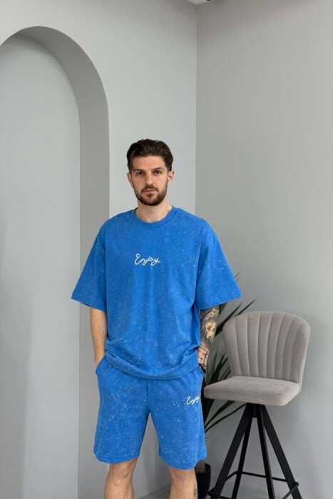 FRONT & BACK SIMPLE WRITTINGS T-SHIRT + SHORTS MEN SET LIGHTBLUE/BZ - 2