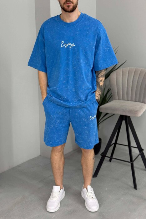FRONT & BACK SIMPLE WRITTINGS T-SHIRT + SHORTS MEN SET LIGHTBLUE/BZ - 3